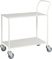 Rullebord med laminathylder. 